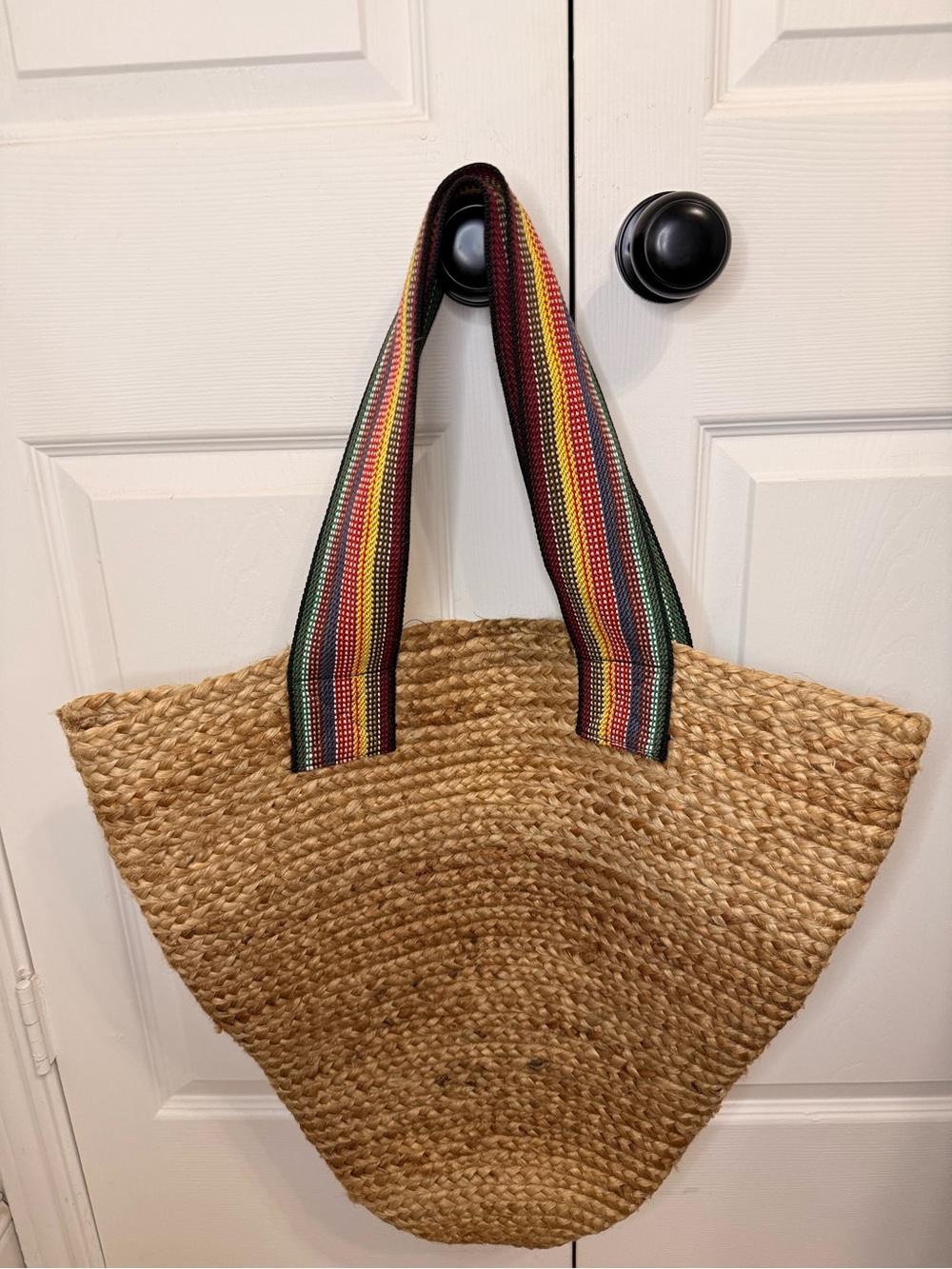 MERSEA Natural Woven Jute Straw Tote Bag with Rainbow Striped Straps